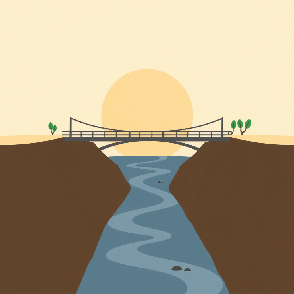 Create a stylized image showing a bridge connecting two different landscapes, symbolizing a transition between old and new processes. The color palette should be warm and inviting, using earth tones to convey stability and progress.