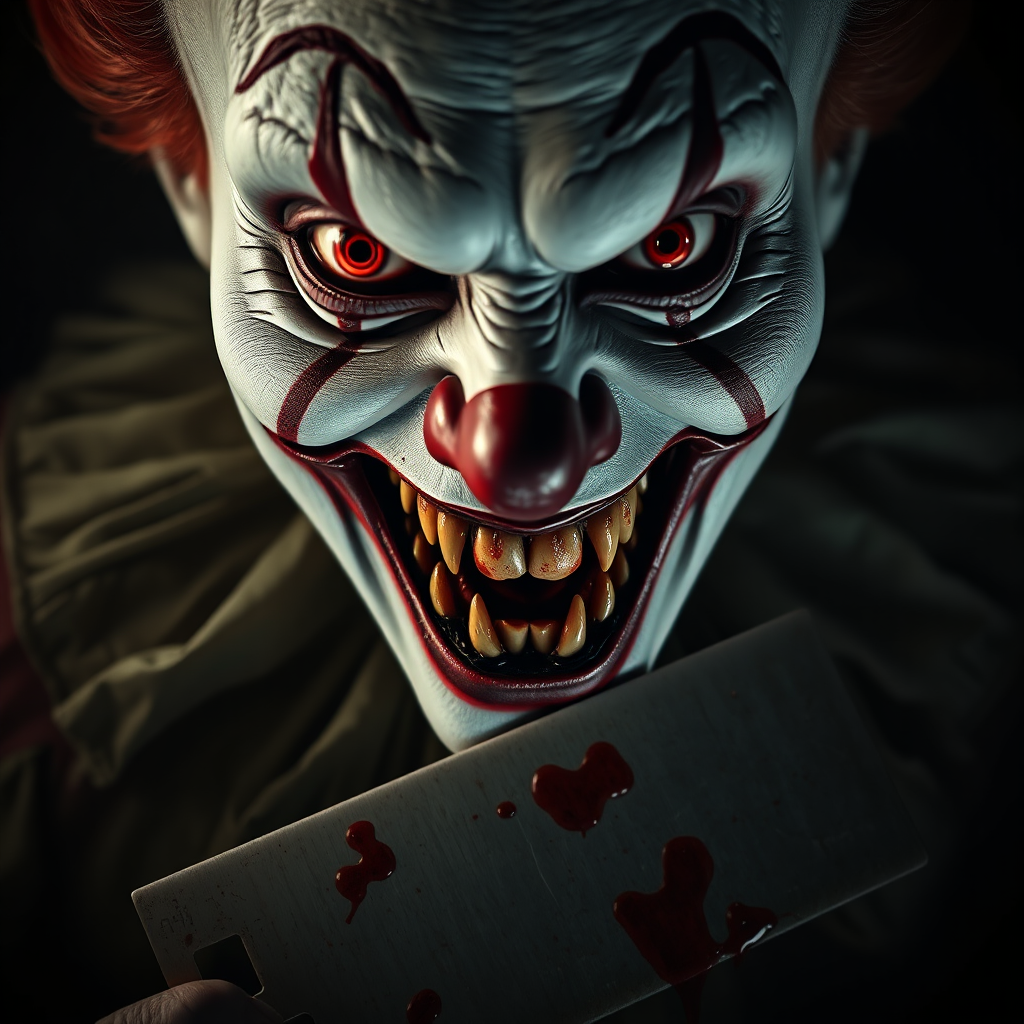 Horrifying butcher clown peering from the shadows