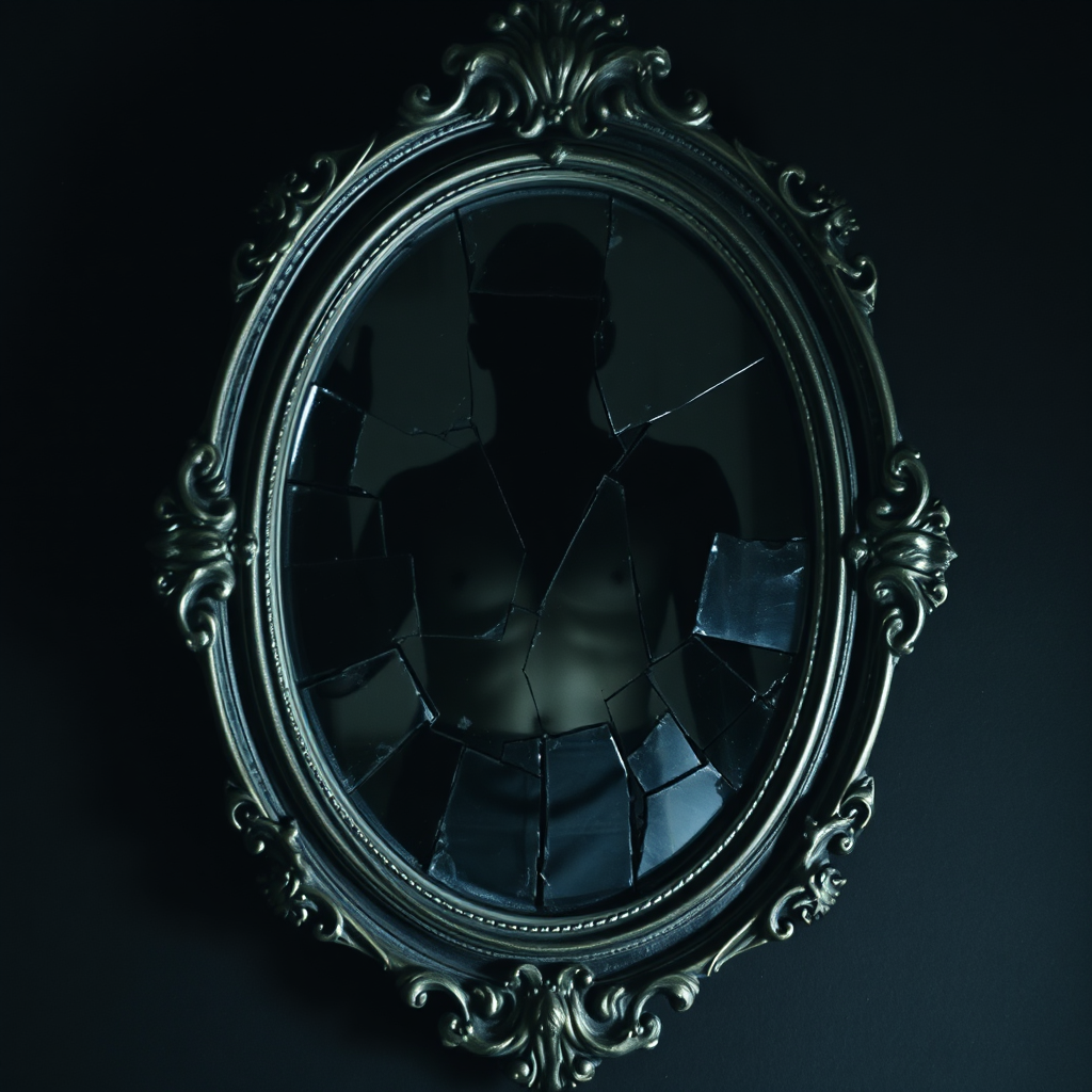 Broken mirror reflecting shadowy figure