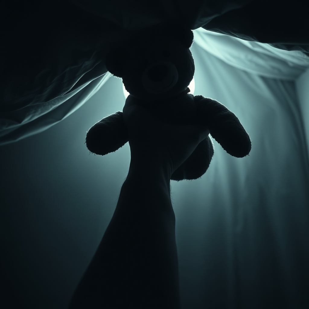 Hand reaching for teddy bear under bed