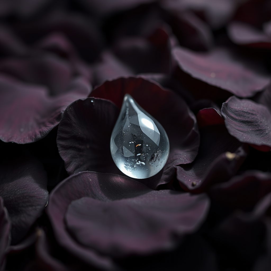 Petrified teardrop on black rose petals