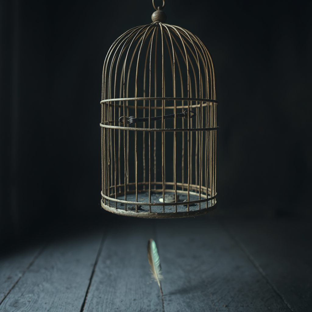 Empty birdcage with bent bar