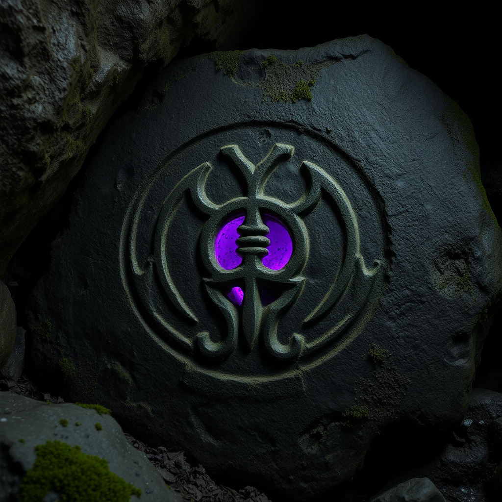Cryptic symbol on mossy stone slab