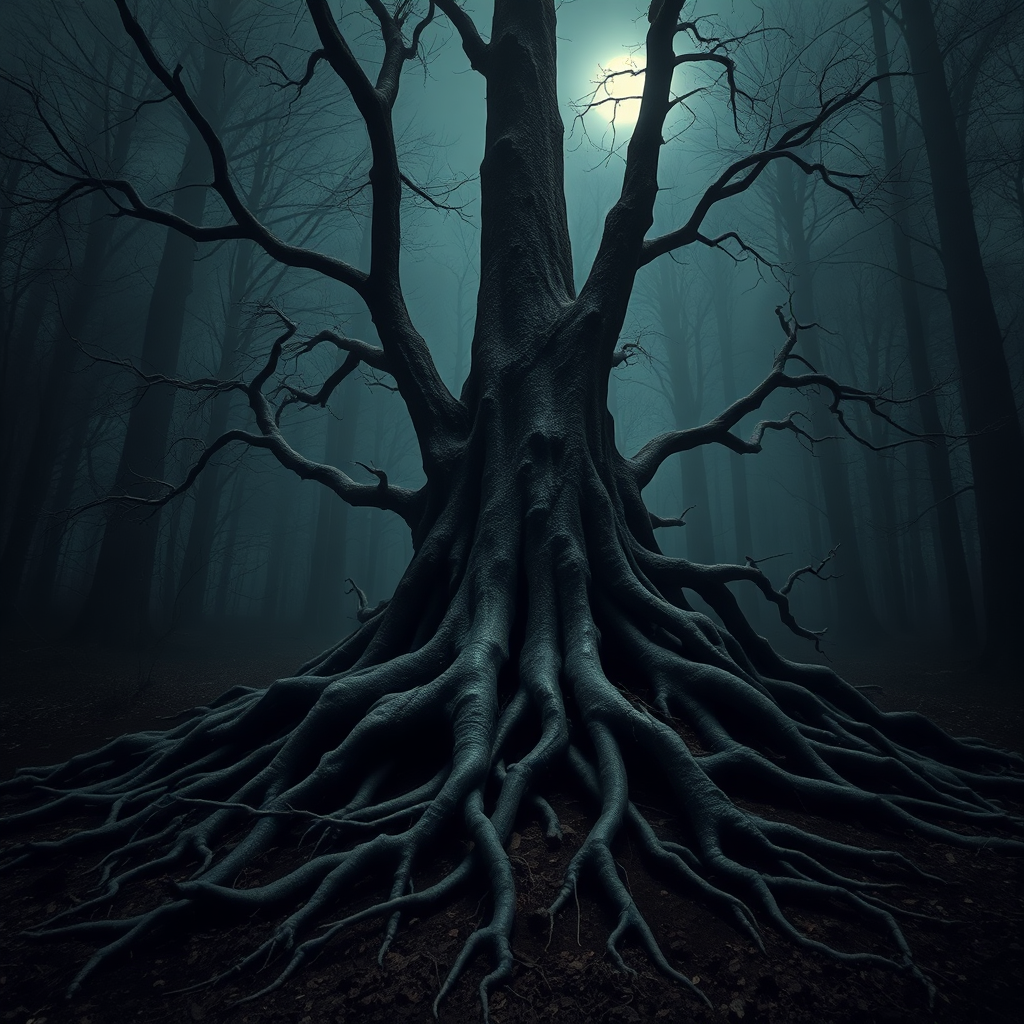 Gnarled tree roots like skeletal hands