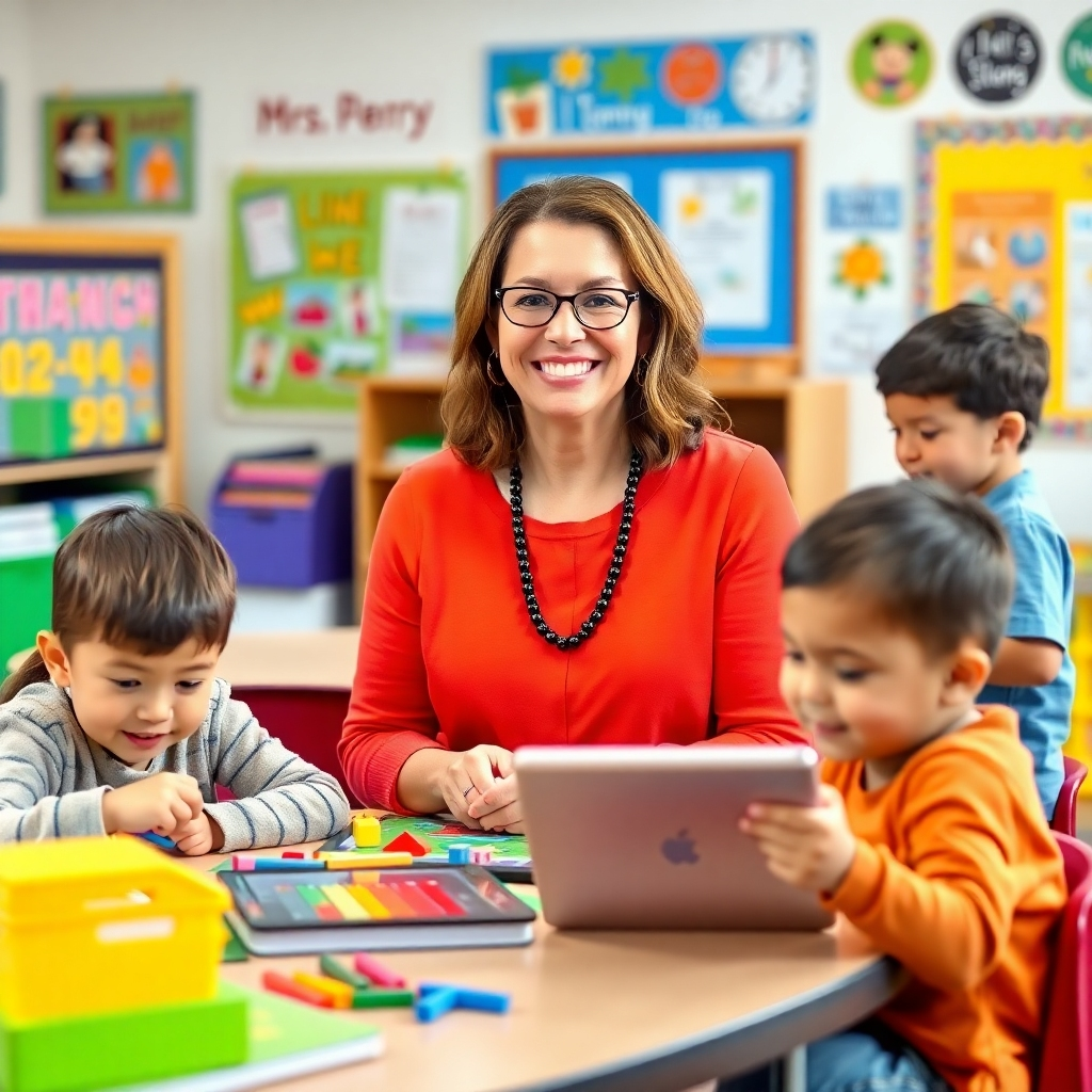 Create a 4K, high-quality image showcasing Mrs. Perry, a warm and enthusiastic elementary school teacher, in her vibrant classroom. She is surrounded by her students, who are actively engaged with educational materials: manipulatives, colorful books, and interactive tablets. The classroom is decorated with inspiring posters and displays. The lighting should be bright and cheerful, highlighting the positive energy of the learning environment. The camera angle should be a medium shot, capturing Mrs. Perry's friendly smile and the engaged expressions of her students. Focus on the details of the classroom decor and the high-quality educational resources. The style should be stylized realism, emphasizing the warmth and joy of teaching and learning. The image should evoke feelings of trust, inspiration, and the power of quality educational tools.