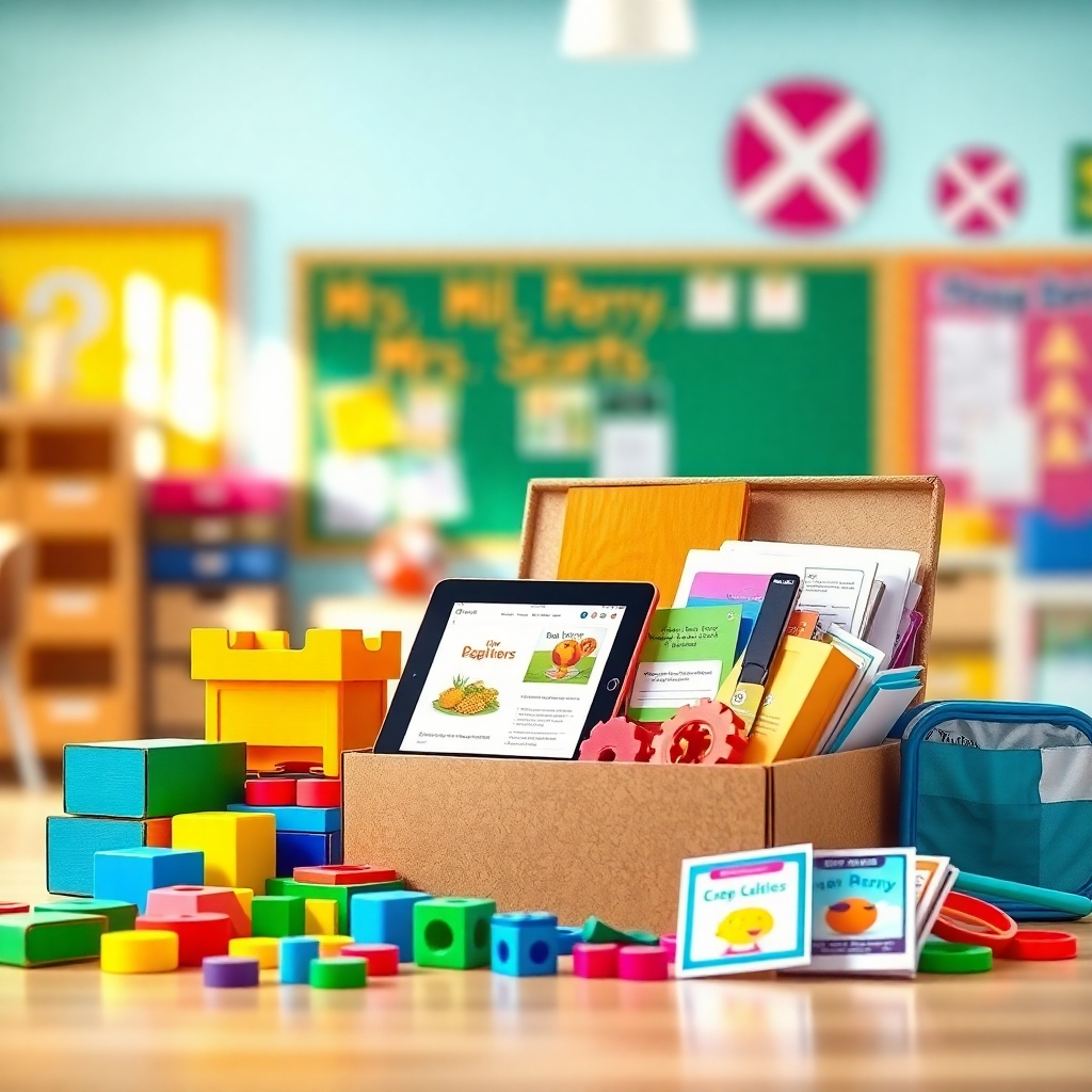 Create a photorealistic 8K image showcasing the essence of 'Mrs. Perry's Classroom.' The composition should feature a bright, welcoming classroom environment, partially visible in the background. In the foreground, arrange a variety of educational products: colorful teaching manipulatives (blocks, counters), vibrant classroom decor (posters, banners), a tablet displaying an interactive web-based lesson, and a neatly organized subscription box overflowing with educational materials. Focus on warm, natural lighting to enhance the textures of the objects and create an inviting atmosphere. The camera angle should be slightly high, offering a clear view of all the featured items. The overall style should be hyperrealistic, emphasizing the quality and appeal of educational resources. Consider a slight depth of field to draw focus to the subscription box while maintaining clarity of the classroom elements. Ensure the colors are vibrant and cheerful to evoke excitement and learning.