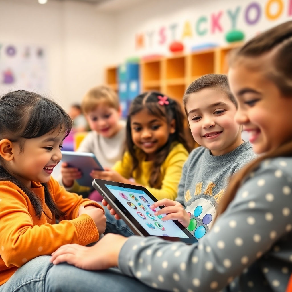 Create an image depicting elementary students using web-based teaching tools from Mrs. Perry's Classroom on tablets in a classroom setting. The students should be actively engaged and smiling, interacting with the educational content on the screens. The classroom should be bright and modern, with colorful accents and comfortable seating. The lighting should be soft and inviting, reducing glare on the screens. The camera angle should be a medium shot, capturing the expressions of the students and the content on the tablets. Focus on the seamless integration of technology into the learning environment and the positive impact on student engagement. The style should be photorealistic, showcasing the effectiveness and appeal of the web-based tools.