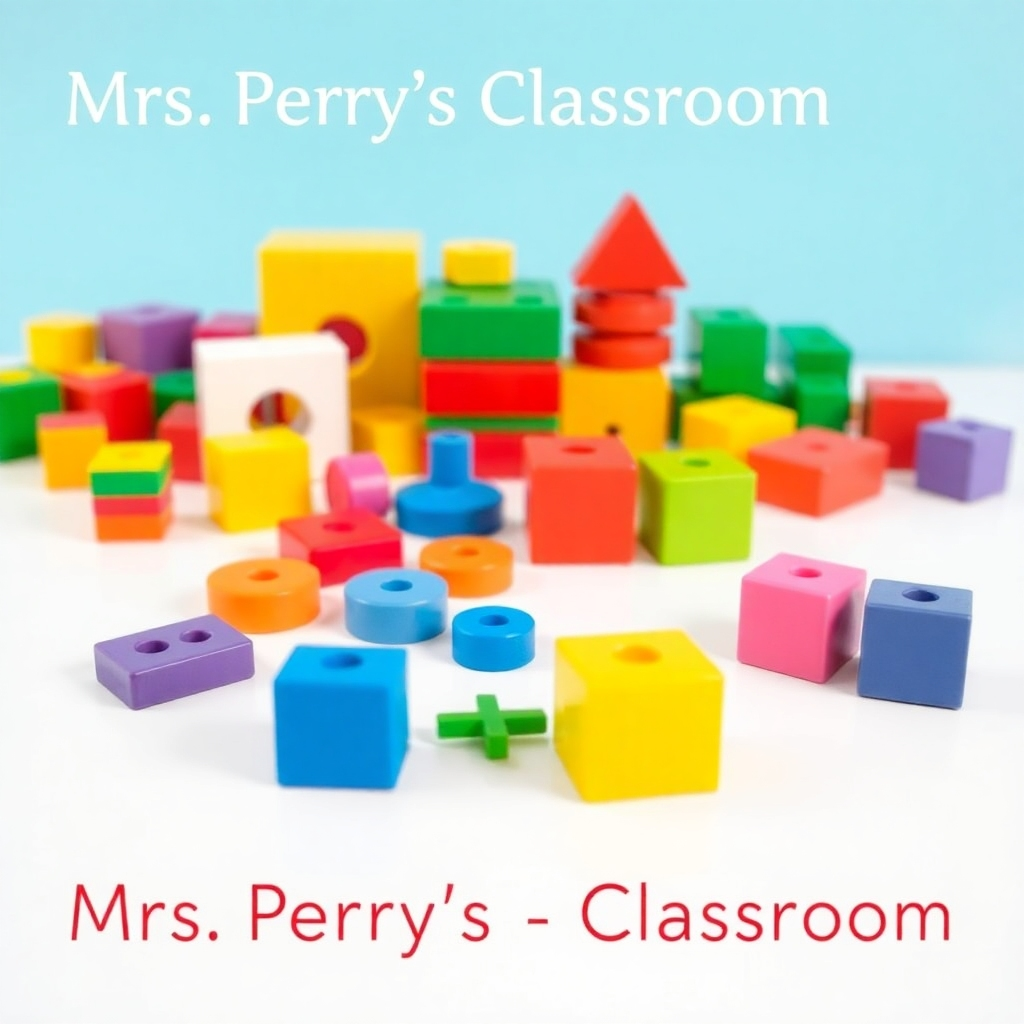 Create an image featuring a close-up shot of a variety of teaching manipulatives from Mrs. Perry's Classroom. Include items such as colorful blocks, counters, geometric shapes, and base-ten blocks. The manipulatives should be neatly arranged on a clean surface, showcasing their colors, textures, and shapes. The lighting should be focused and even, highlighting the details of the objects. The camera angle should be close, allowing viewers to appreciate the quality and design of the manipulatives. The overall style should be clean and professional, emphasizing the educational value and tactile appeal of the products. Consider arranging the manipulatives to illustrate a simple mathematical concept, like addition or subtraction.