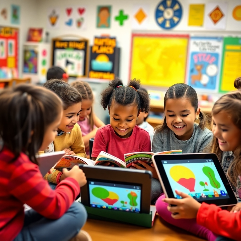 Create an image of a diverse group of elementary students actively engaged in a lesson using materials from Mrs. Perry's Classroom. The scene should depict a vibrant and collaborative learning environment, with children working together on hands-on activities, reading colorful books, and interacting with web-based teaching tools on tablets. The classroom is decorated with inspiring posters and student artwork. The lighting should be warm and inviting, highlighting the positive energy and enthusiasm of the students. The camera angle should be a medium shot, capturing the engaged expressions and interactions of the children. Focus on the details of the learning materials and the collaborative atmosphere to convey the impact of Mrs. Perry's Classroom resources. The style should be photorealistic, capturing the joy and excitement of learning.