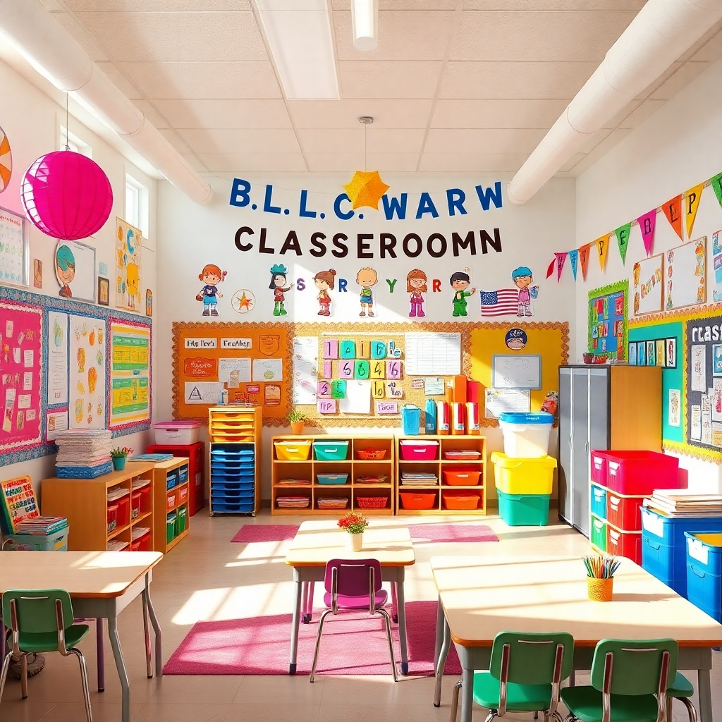Create an image showcasing a beautifully decorated elementary classroom using decor products from Mrs. Perry's Classroom. The classroom should be bright, colorful, and inviting, featuring vibrant posters, banners, bulletin boards, and other decorative elements. The layout should be organized and visually appealing, creating a stimulating learning environment. The lighting should be natural and cheerful, highlighting the colors and details of the decor items. The camera angle should be wide, capturing the overall atmosphere and layout of the classroom. Focus on the impact of the decor on the overall learning environment, conveying a sense of creativity, inspiration, and fun. The style should be photorealistic, emphasizing the quality and impact of the decor products.