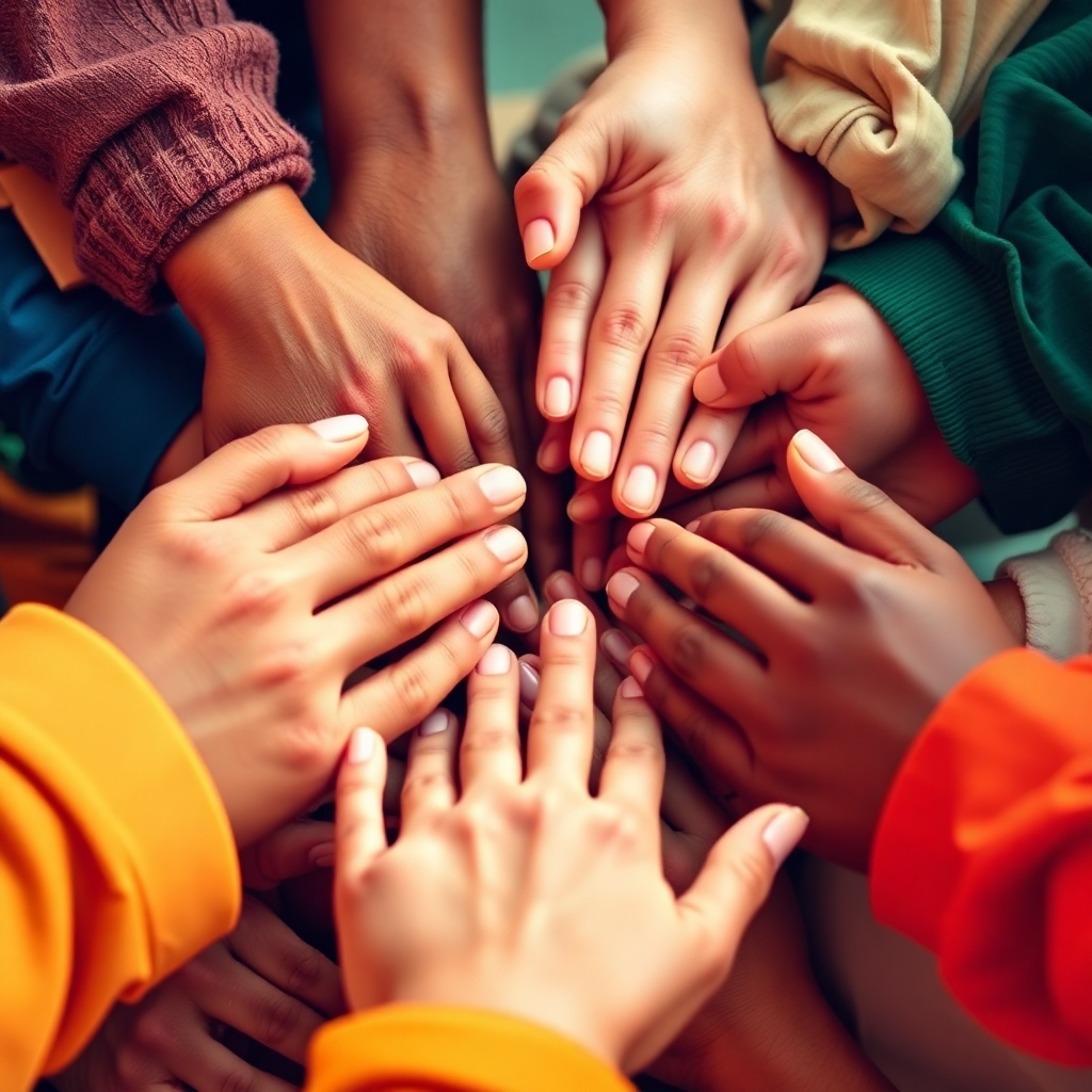 A close-up, warm-toned photo of diverse hands contributing to a collective funding initiative, symbolizing financial support for the Trailblazers organization. Style: Warm, genuine photography. Resolution: 4k.