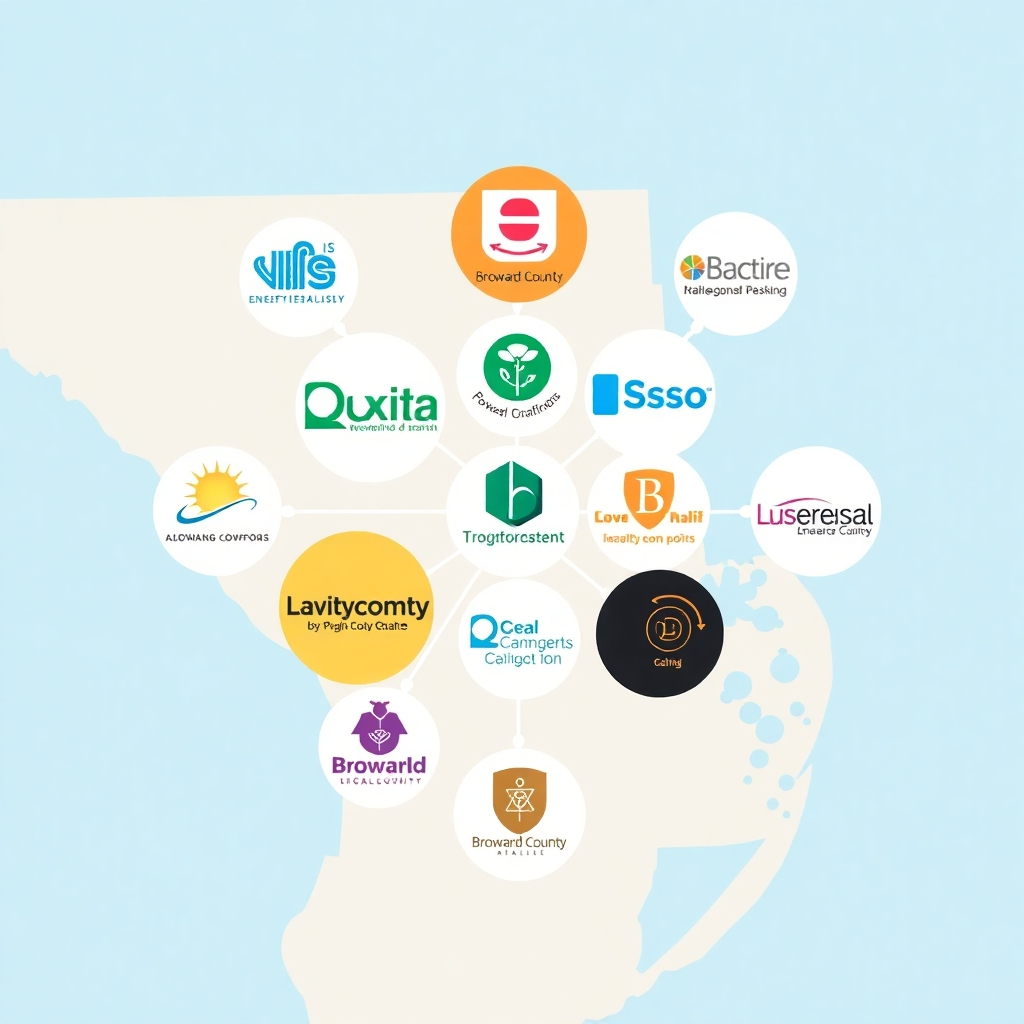 A digital illustration of interconnected logos from various partner organizations within Broward County, symbolizing collaborative efforts. The background features a map of Broward County. Style: Modern, clean design. Resolution: 4k.