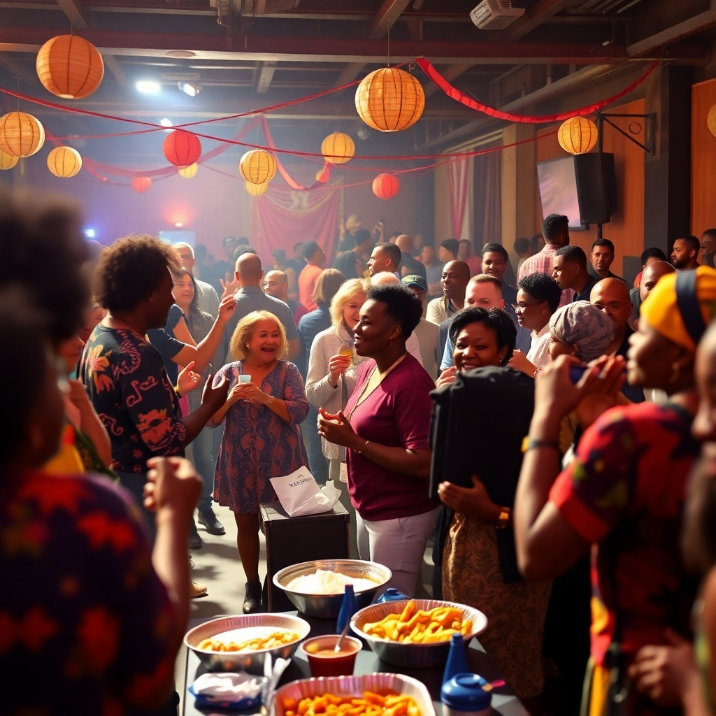 A lively scene of a community event celebrating African American heritage, filled with music, dancing, food, and joyful interactions among attendees. Style: Festive and communal. Resolution: 4k.