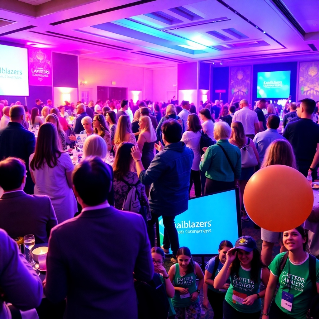 A lively scene showcasing various fundraising events organized by the Trailblazers, including galas, auctions, and community walks, aimed at supporting their mission. Style: Energetic and engaging. Resolution: 4k.