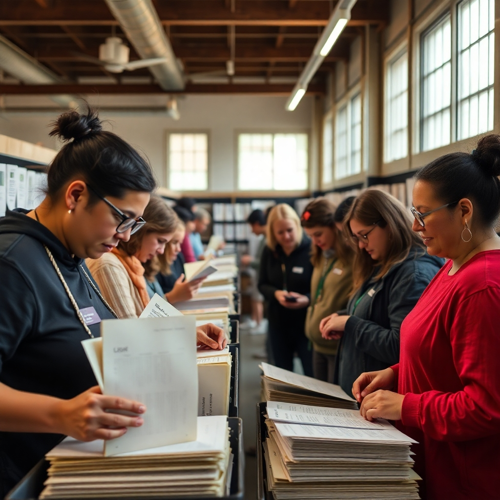 A photo showcasing volunteers actively engaged in archiving historical documents, reflecting the spirit of community involvement and preservation efforts. Style: Documentary-style photography. Resolution: 4k.