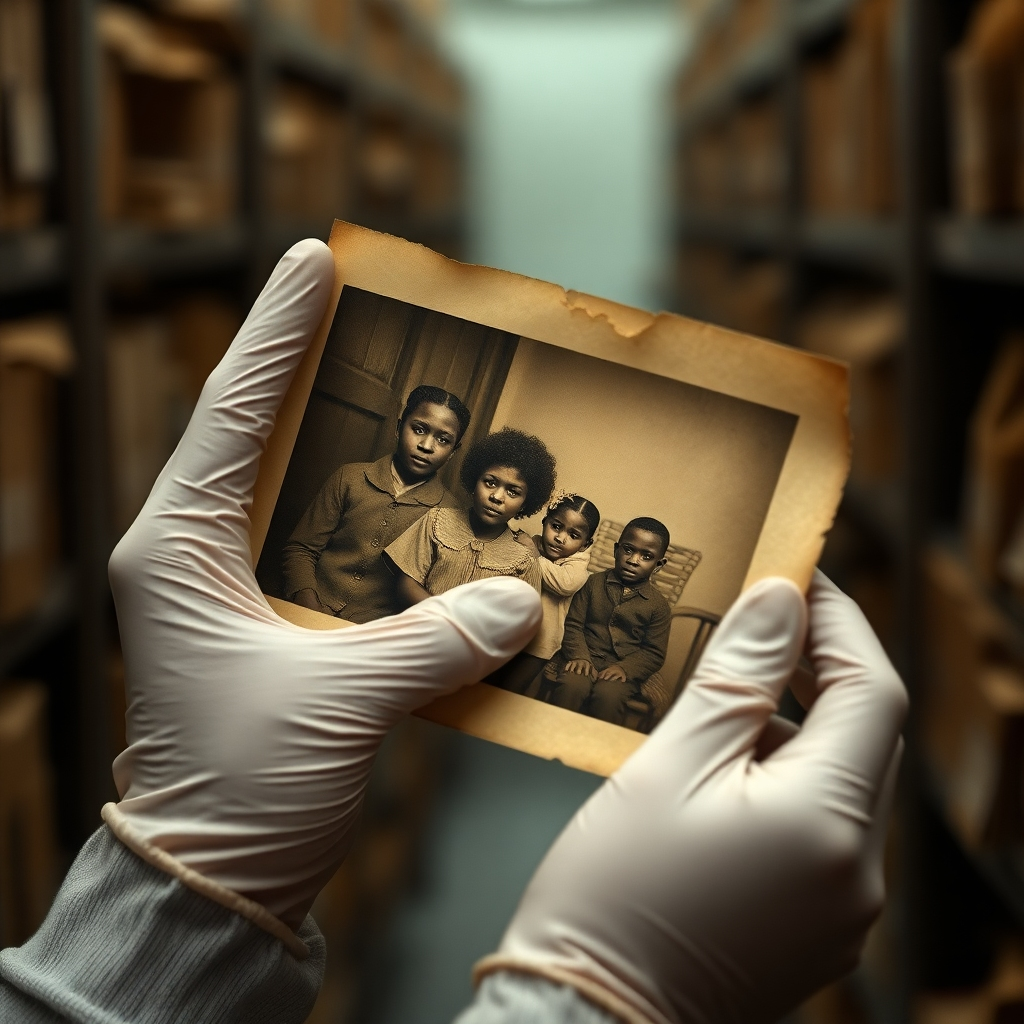 A photorealistic close-up shot of gloved hands carefully handling an aged photograph in an archive setting. The photo shows an African American family from the early 20th century. The background is slightly blurred, emphasizing the delicate nature of the archival work. Soft, diffused lighting highlights the details of the photograph and the textures of the aged paper. Color palette: sepia tones with subtle hints of color. Style reference: archival photography. 4K resolution, detailed texture.