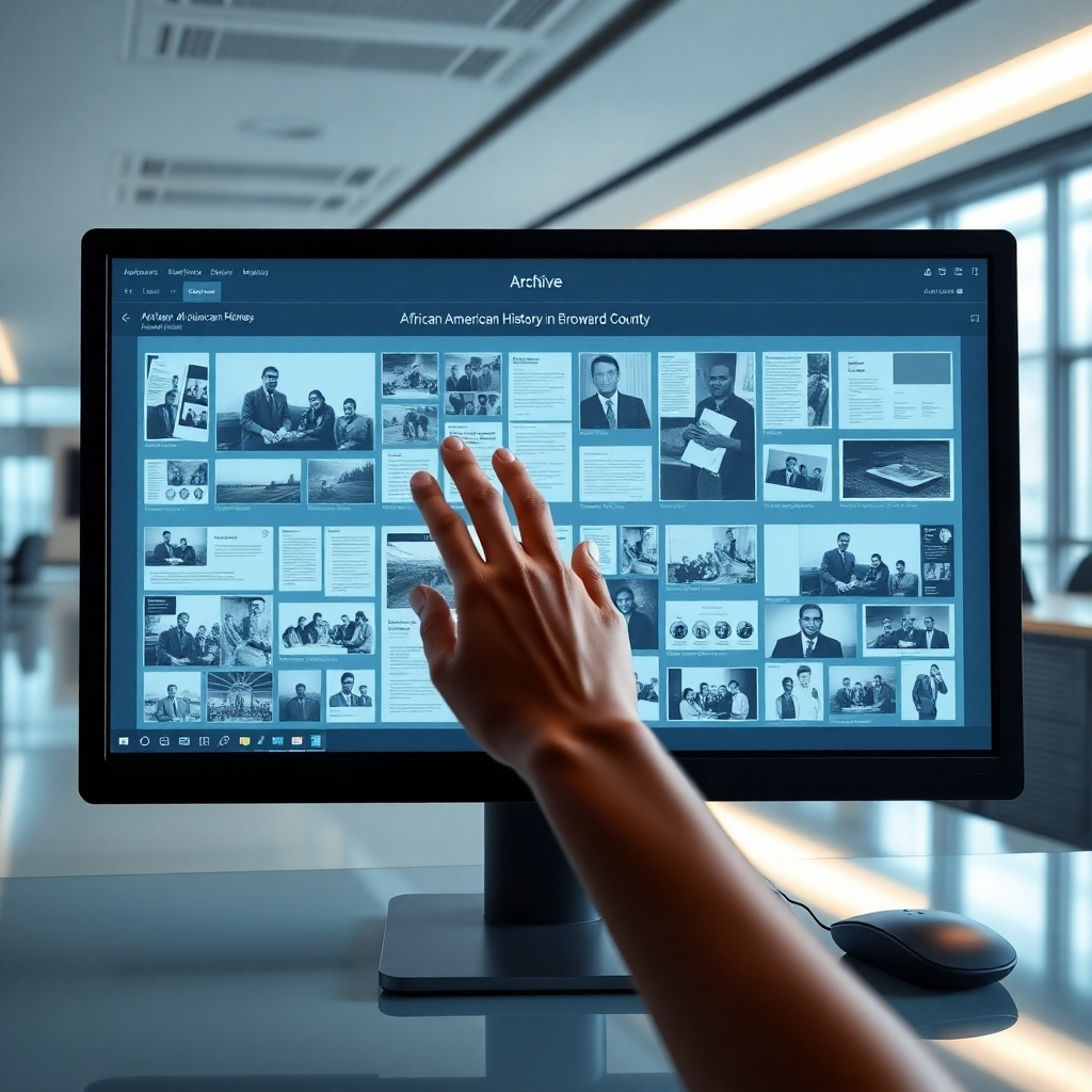 A photorealistic image depicting a computer screen displaying a digital archive of African American history in Broward County. The screen is filled with photographs, documents, and multimedia content. A hand is gently touching the screen, interacting with the archive. The background is a modern and sleek office environment. Color palette: cool and modern, with a mix of blues and grays. Style reference: digital art with a focus on user interface. 4K resolution, high definition.
