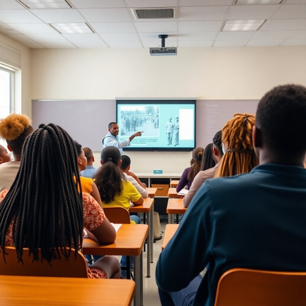 A photorealistic image depicting a classroom setting with diverse students attentively listening to a presentation about African American history in Broward County. The presenter is pointing to a historical map or photograph displayed on a screen. The classroom is brightly lit, with a positive and engaging atmosphere. Color palette: warm and inviting, with a mix of natural and artificial light. Style reference: educational documentary photography. 4K resolution, clear focus.