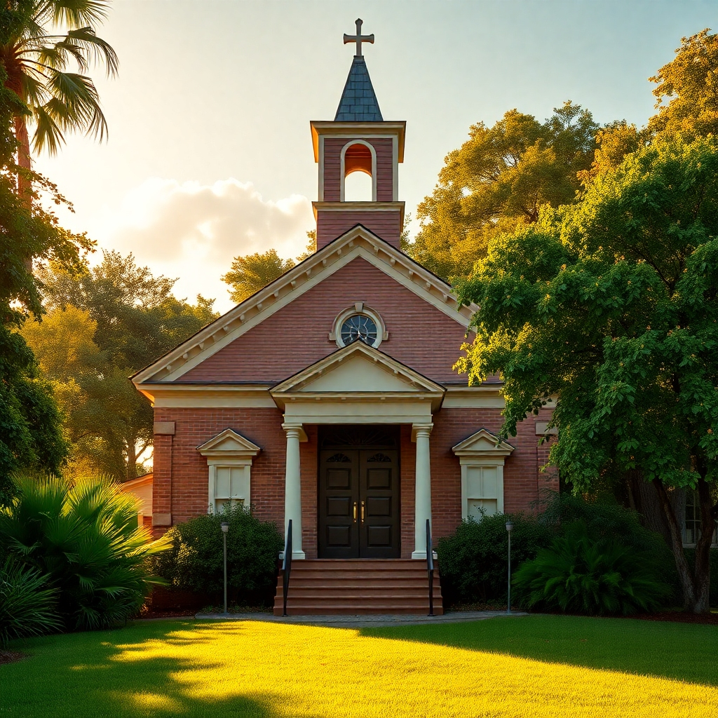 A photorealistic image of a historical African American church in Broward County. The church is bathed in golden-hour sunlight, highlighting its architectural details and historical significance. Lush greenery surrounds the church, creating a peaceful and serene atmosphere. Color palette: warm and earthy tones with vibrant greens. Style reference: landscape photography with historical context. 4K resolution, sharp details.