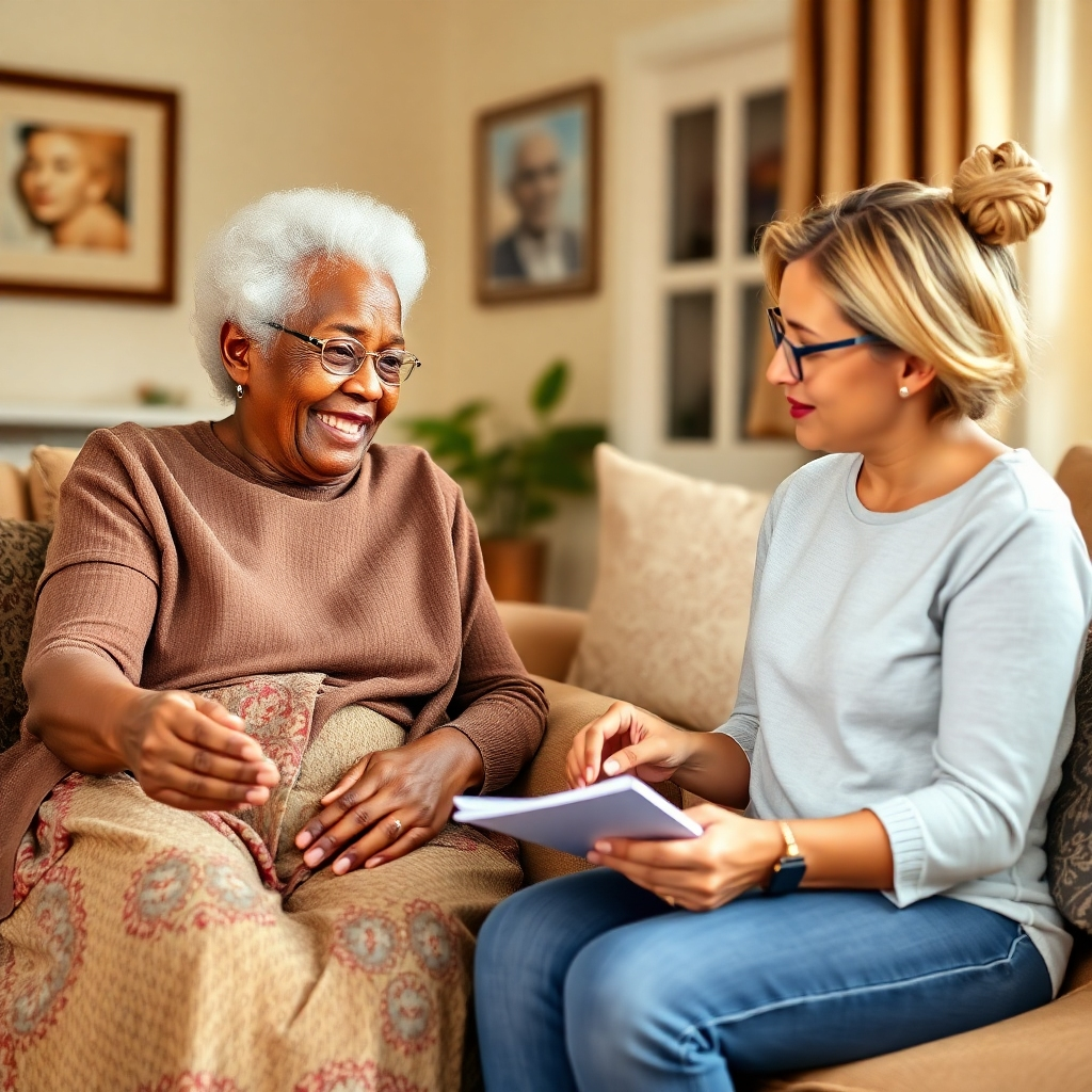 A photorealistic image of a warm and intimate setting where an elderly African American woman is being interviewed. She is sitting comfortably in her living room, sharing her memories. A younger interviewer is attentively listening and taking notes. Soft, natural light illuminates their faces, capturing their expressions and emotions. Color palette: warm and inviting, with a focus on skin tones and textures. Style reference: portrait photography with a storytelling element. 4K resolution, natural lighting.
