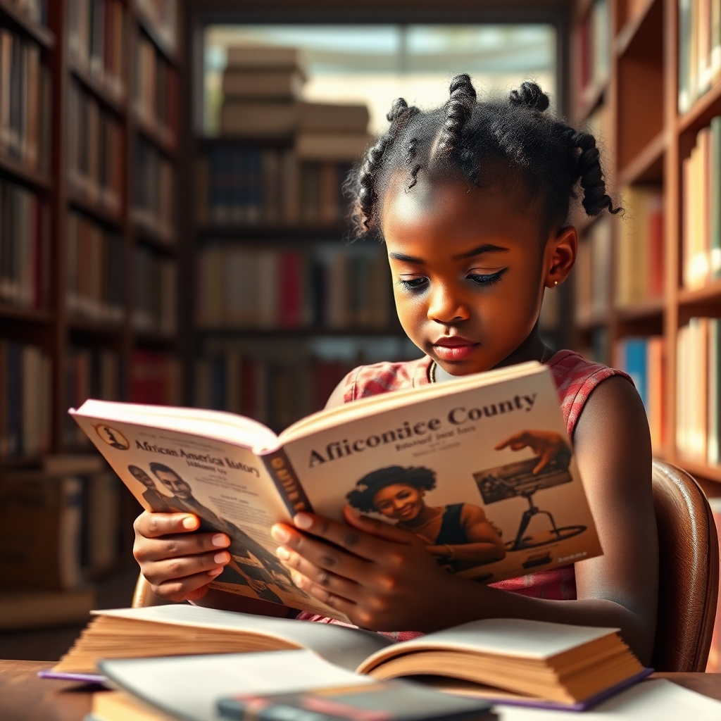 A photorealistic image of a young African American girl reading a book about African American history in Broward County. She is sitting in a library, surrounded by books and historical artifacts. Her face is filled with curiosity and inspiration. The lighting is soft and warm, creating a cozy and inviting atmosphere. Color palette: warm and inviting, with a focus on education and empowerment. Style reference: portrait photography with a storytelling element. 4K resolution, natural light.