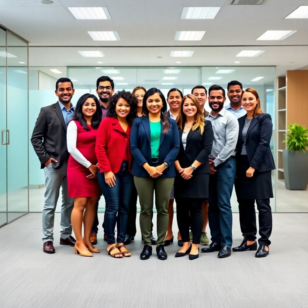 A photorealistic image of the diverse team of the Trailblazers of Broward County. They are standing together in a friendly and collaborative pose. The background is a modern office space. The color palette is professional and inviting. Style reference: team portrait. 4K resolution, sharp focus.