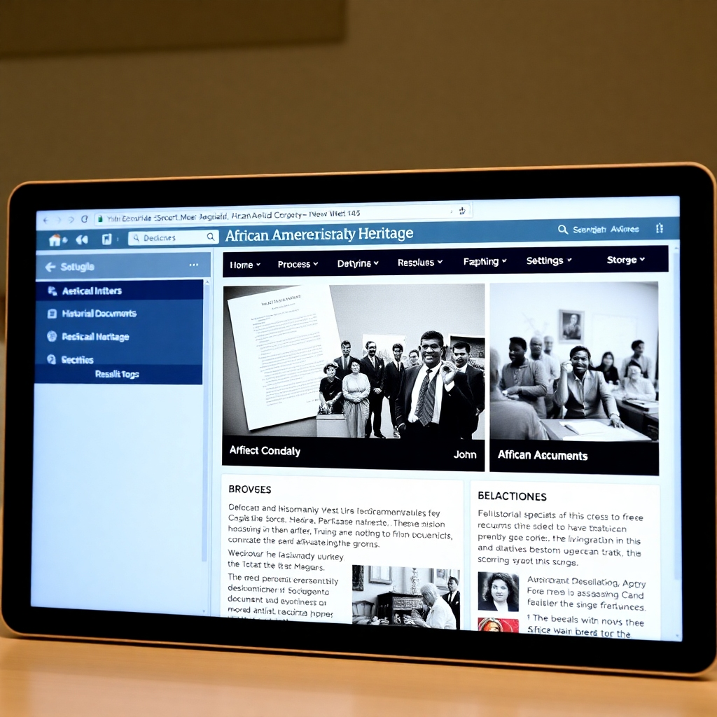 A screen displaying a sleek and user-friendly digital database interface containing historical documents, photographs, and stories related to African American heritage in Broward County. Style: Tech-savvy and inviting. Resolution: 4k.