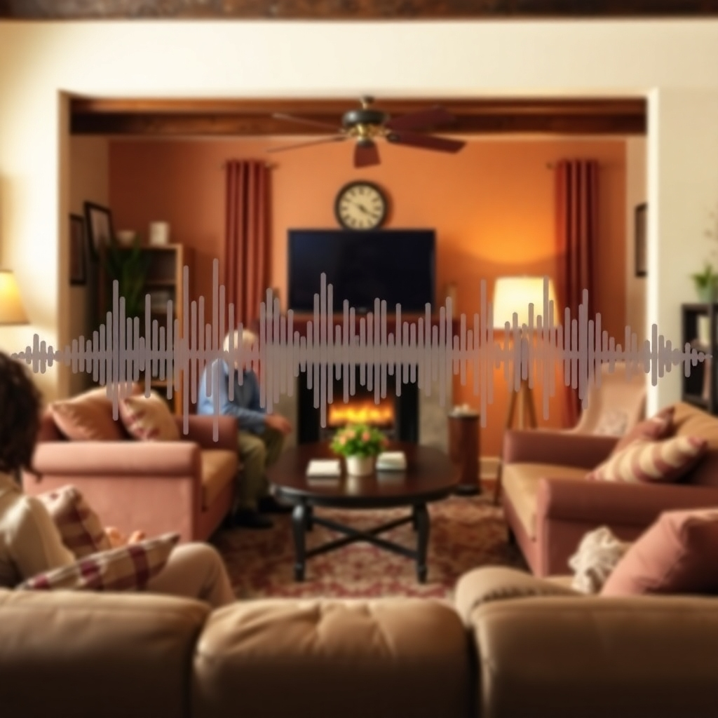 A sound wave visual representing an oral history interview being conducted in a warm, inviting living room, with the focus on preserving the voices and stories of local community members. Style: Minimalist and auditory-focused. Resolution: 4k.