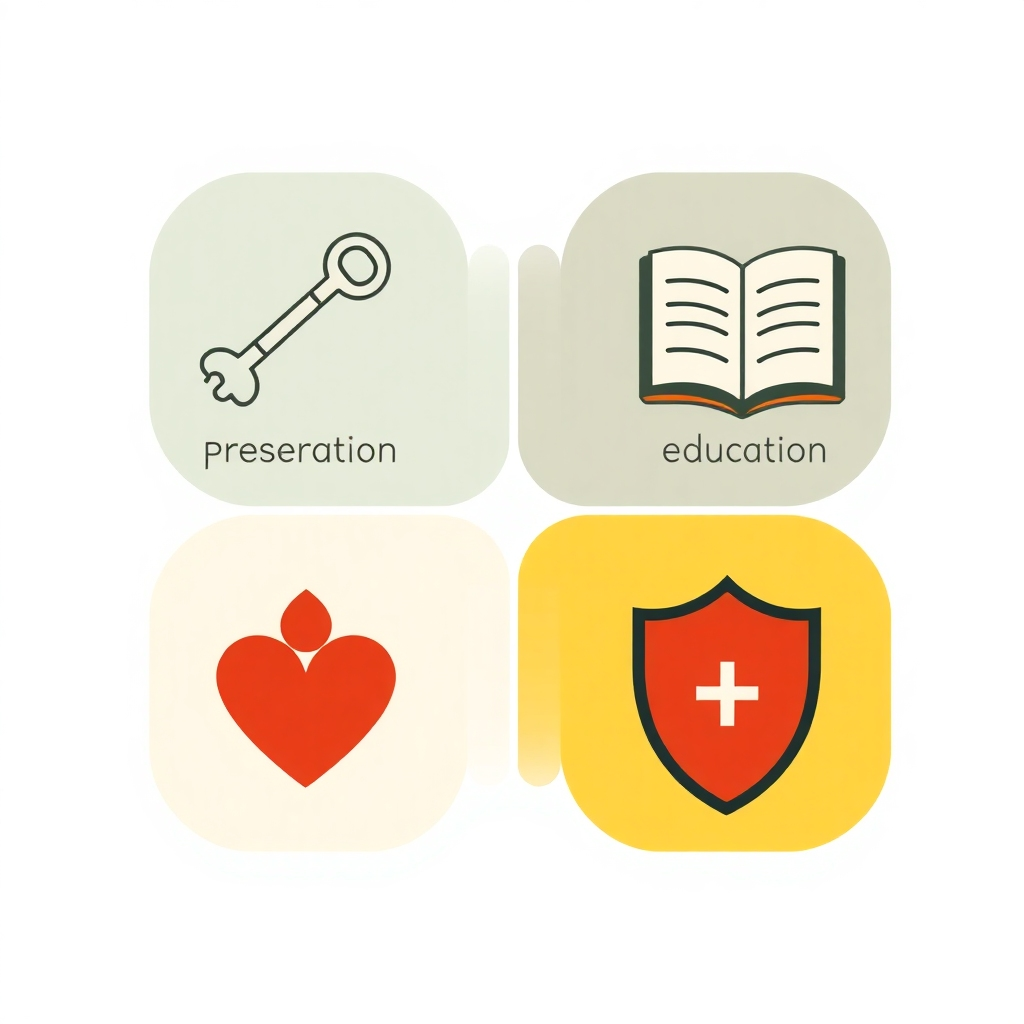 A stylized image featuring symbols representing the core values of the organization: a key (preservation), a book (education), a heart (community), and a shield (integrity). The symbols are arranged in a balanced and harmonious composition. The color palette is warm and inviting, with a focus on trustworthiness and reliability. Style reference: minimalist graphic design. 4K resolution, clean lines.
