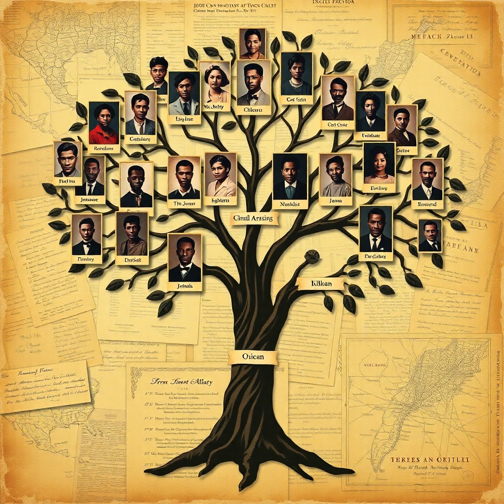 A stylized image representing genealogical research. It features a family tree with interconnected branches, filled with photographs and names of African American ancestors. The background is a collage of historical documents and maps. The color palette is vintage and nostalgic, with sepia tones and faded colors. Style reference: vintage poster art. 4K resolution, detailed graphics.