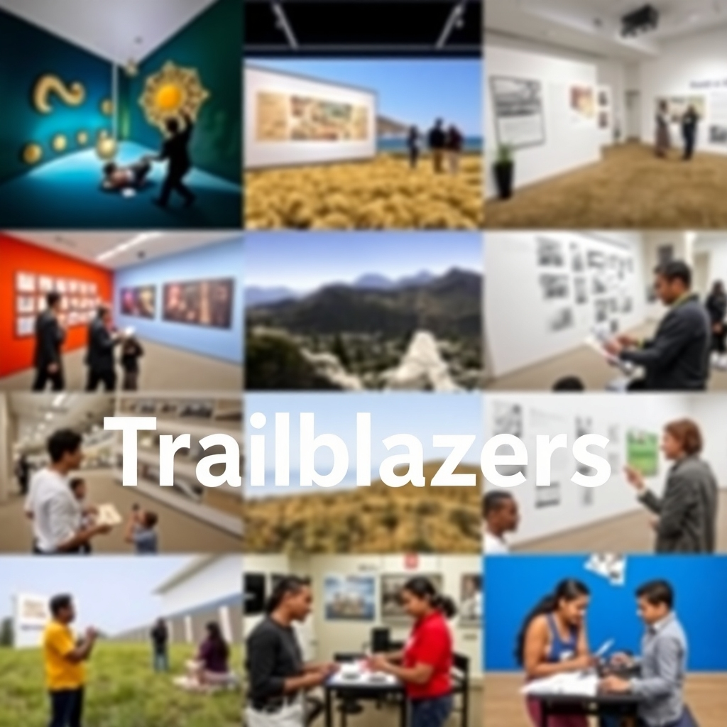 A vibrant photo montage showcasing diverse projects undertaken by the Trailblazers organization, including exhibitions, research activities, and educational programs. Style: Energetic and informative. Resolution: 4k.