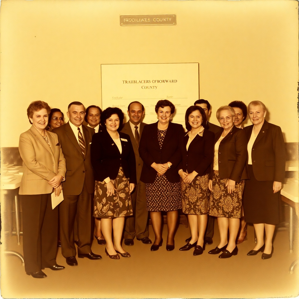 A vintage photograph depicting the founding members of the Trailblazers of Broward County. They are gathered at an event or meeting. The photograph is slightly aged and has a sepia tone. Style reference: vintage photography. 4K resolution, restored detail.