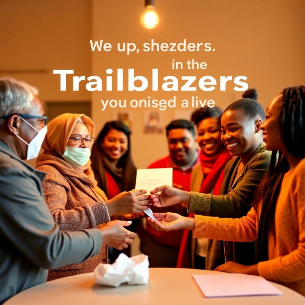 A warm and inviting image of a diverse group of people donating to a cause, symbolizing the community support and contributions that keep the Trailblazers' mission alive. Style: Heartfelt and supportive. Resolution: 4k.