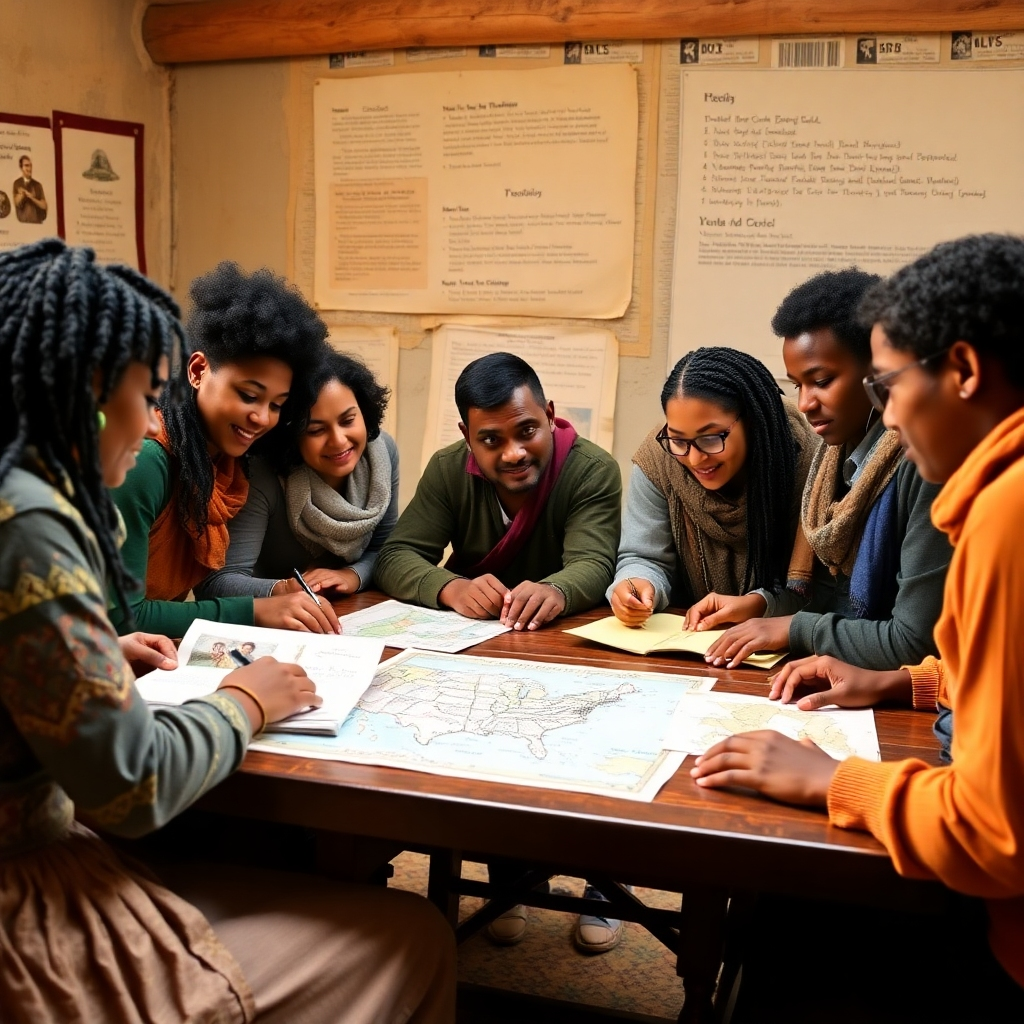 A warm and inviting image of a diverse group of people gathered around a table, studying historical documents and maps, illustrating the learning resources provided by the Trailblazers. Style: Educational and collaborative. Resolution: 4k.