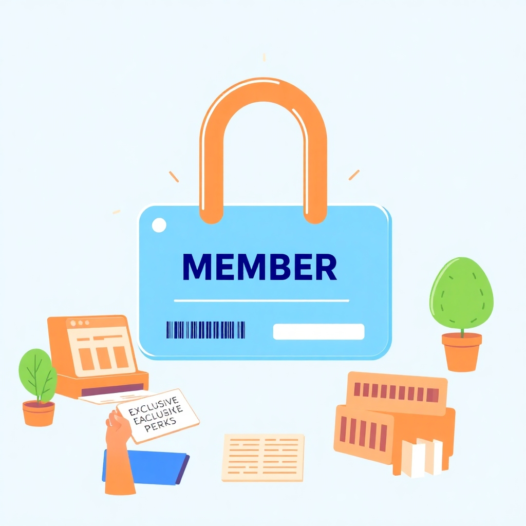An illustration featuring a member card unlocking various perks, such as exclusive access to digital resources, events, and historical archives. Style: Modern and inviting. Resolution: 4k.