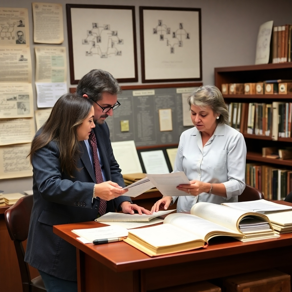 An image of an archivist assisting a visitor with their genealogy research, surrounded by historical documents and family trees. Style: Expert and supportive. Resolution: 4k.