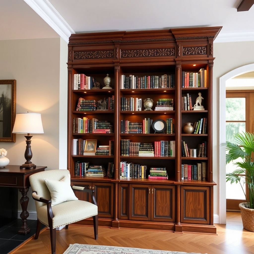 A beautifully crafted custom-built bookshelf filled with books and decorative items. The bookshelf is made of high-quality wood and features intricate details. The lighting should be soft and warm, highlighting the beauty of the bookshelf.