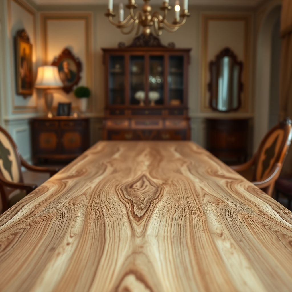 A beautifully crafted wooden table with intricate details and a smooth finish. The table is set in an elegant dining room, showcasing its functionality and aesthetic appeal. The lighting should be soft and warm, highlighting the beauty of the wood. The camera angle should be close-up, capturing the details of the craftsmanship. Style reference: interior design photography, focusing on elegance and sophistication.