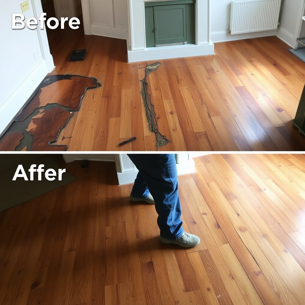A before-and-after image showcasing a damaged wooden floor being restored to its original condition by a skilled carpenter. The image should convey a sense of transformation and craftsmanship.