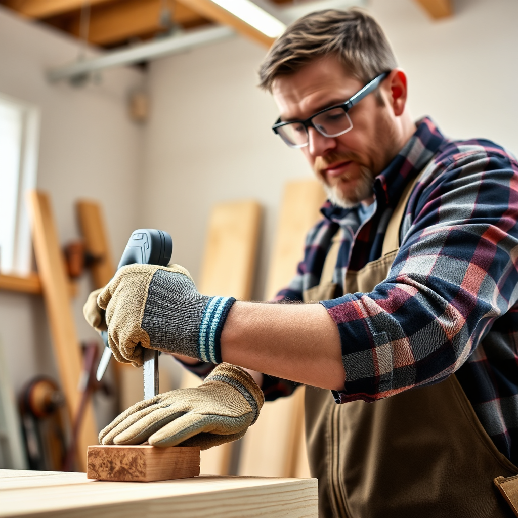 A carpenter demonstrating a basic carpentry technique, such as cutting a piece of wood with a hand saw. The carpenter is wearing safety glasses and gloves, and the scene is well-lit and safe. The camera angle should focus on the carpenter's hands and the tool, highlighting the technique being demonstrated. Style reference: instructional photography, focusing on clarity and accuracy.