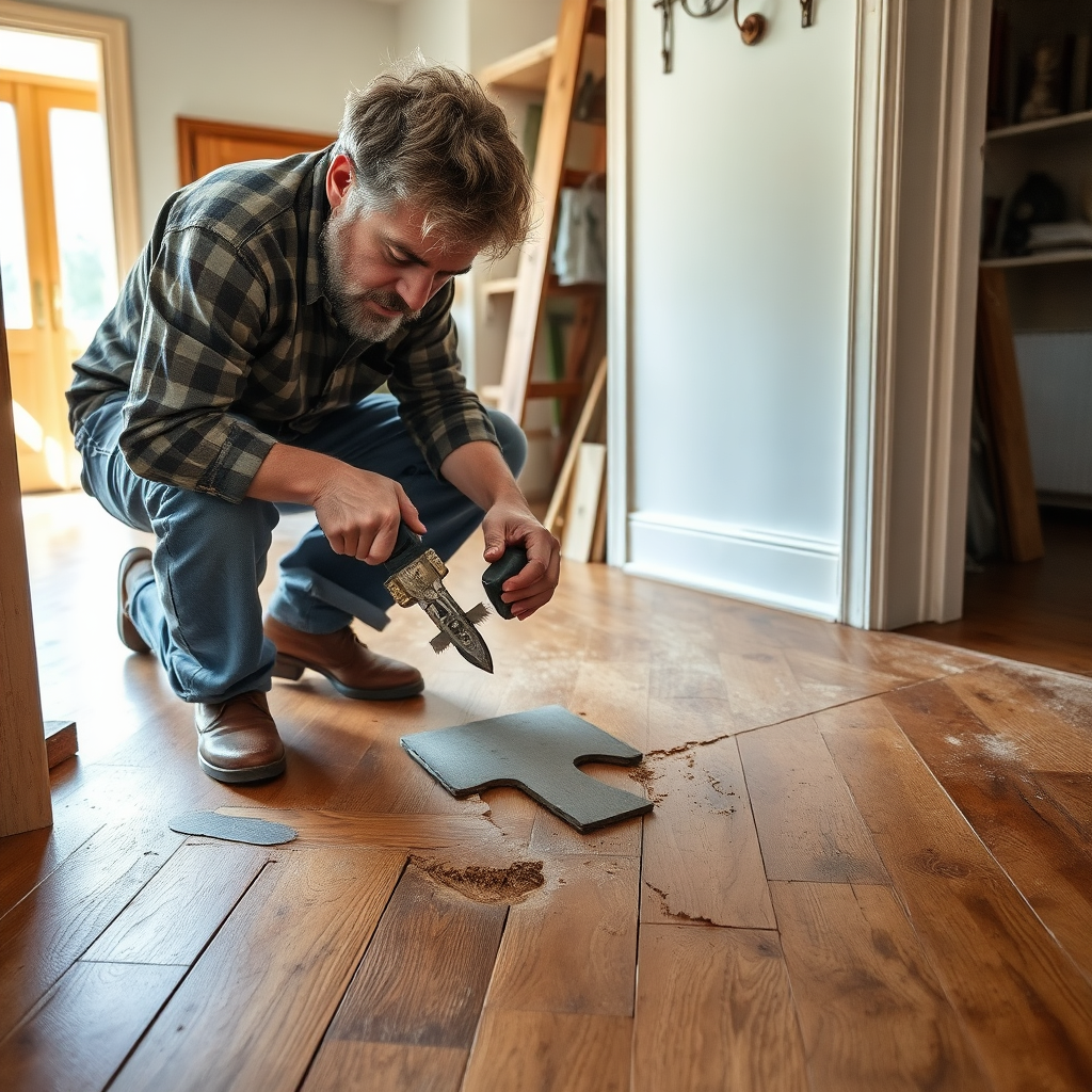A carpenter repairing a damaged wooden floor in a home. The carpenter is using traditional tools and techniques to restore the floor to its original condition. The lighting should be bright and focused, highlighting the details of the repair work. The camera angle should be close-up, capturing the carpenter's skill and precision.