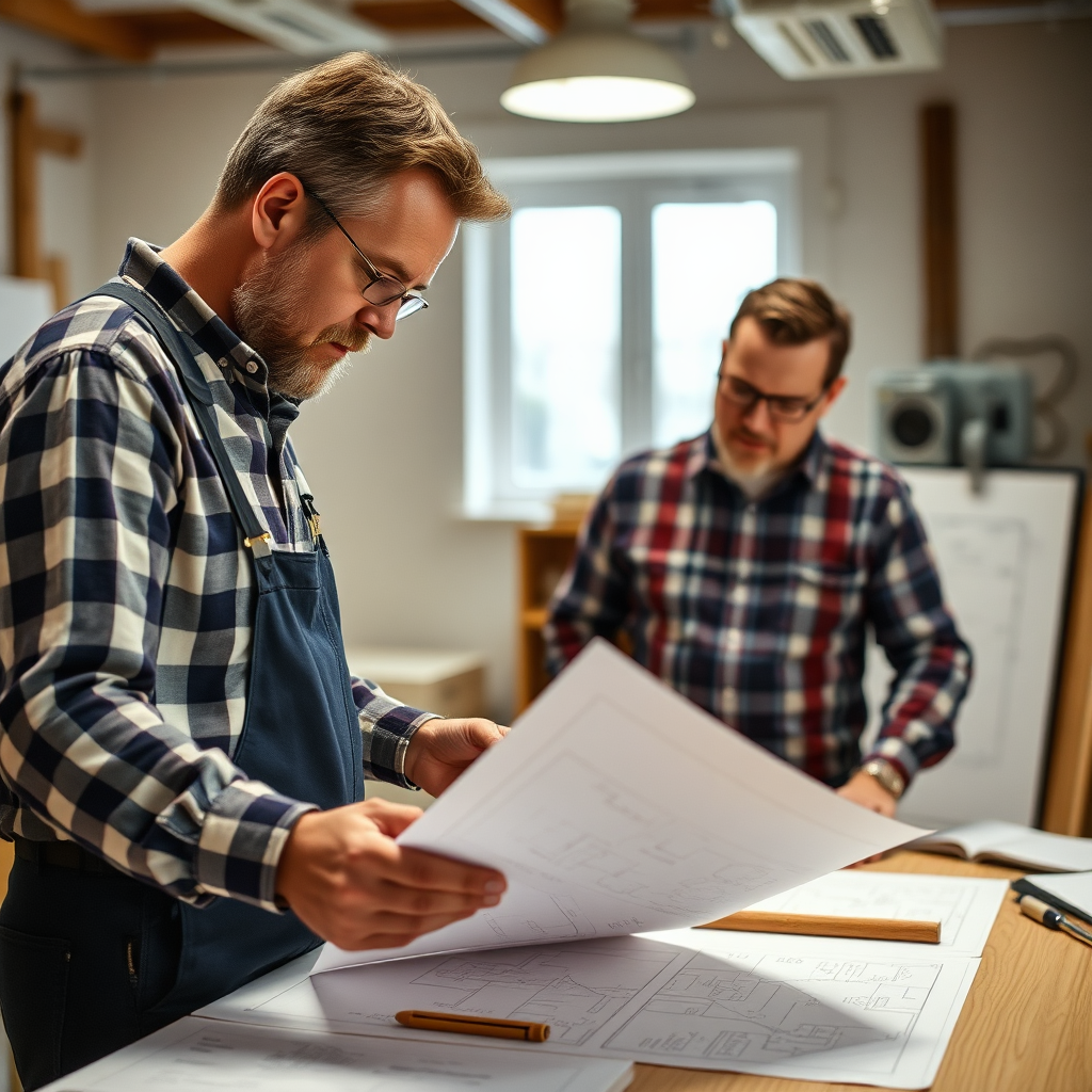 A carpenter reviewing blueprints with a customer in a well-lit office. The scene should convey a sense of expertise and attention to detail. The lighting should be bright and focused, highlighting the blueprints and the faces of the carpenter and customer. The camera angle should be medium, capturing both the carpenter and the customer.