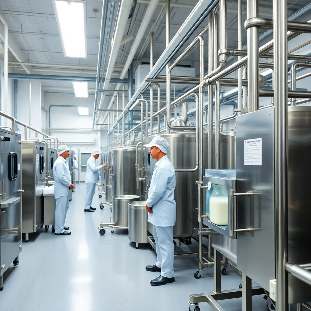 A clean and modern milk processing facility. Stainless steel machinery should be visible, and workers in clean uniforms are monitoring the process. The lighting should be bright and sterile, conveying a sense of hygiene and efficiency. The camera angle should be wide, showing the scale of the operation. Style reference: a documentary photograph of a modern food processing plant.