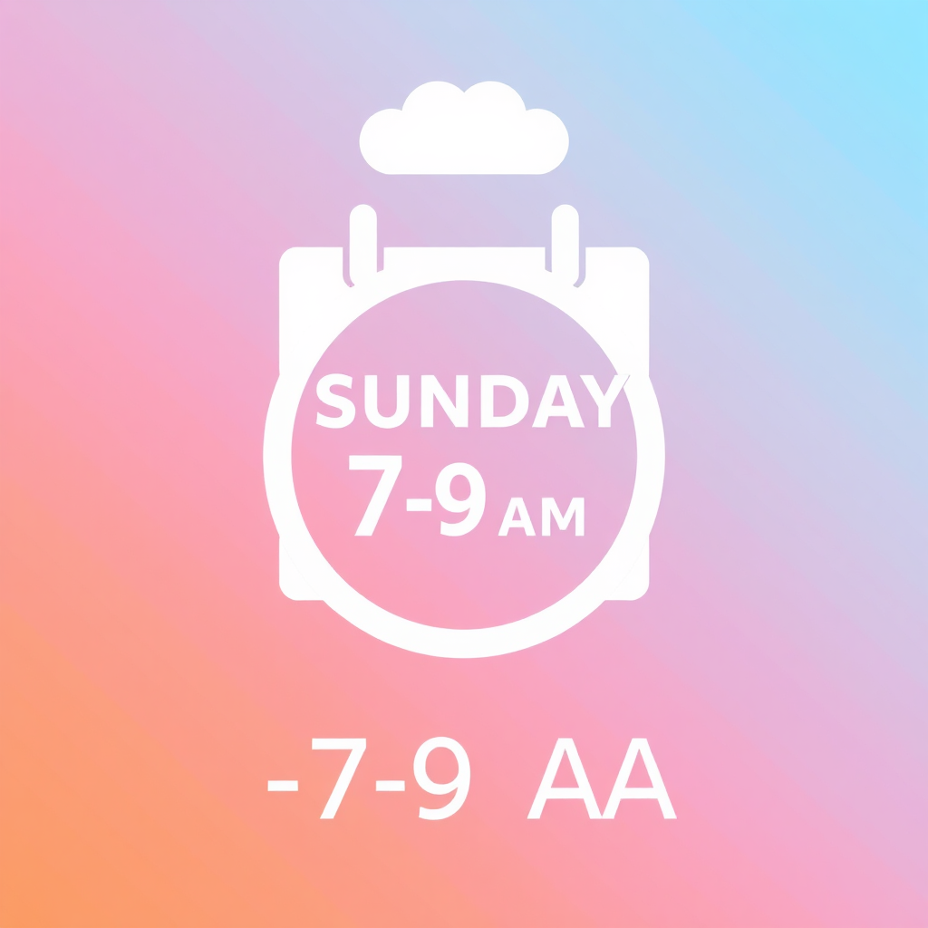 A clean, simple graphic showing a calendar with Sunday circled and the time 7-9 AM clearly marked. The overall design should be uncluttered and easy to understand. The color palette is bright and inviting. Style: iconographic design.