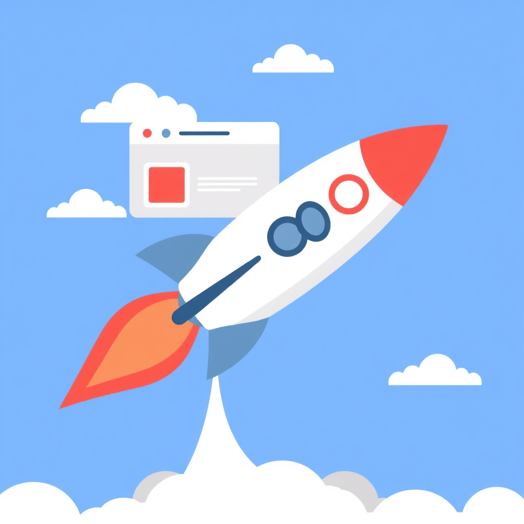 A clean, simple illustration depicting a website launching like a rocket, symbolizing a quick and easy setup process. The background is a bright blue sky with minimal cloud detail. The rocket is sleek and modern. Style: Flat vector illustration. 4K resolution, high quality.