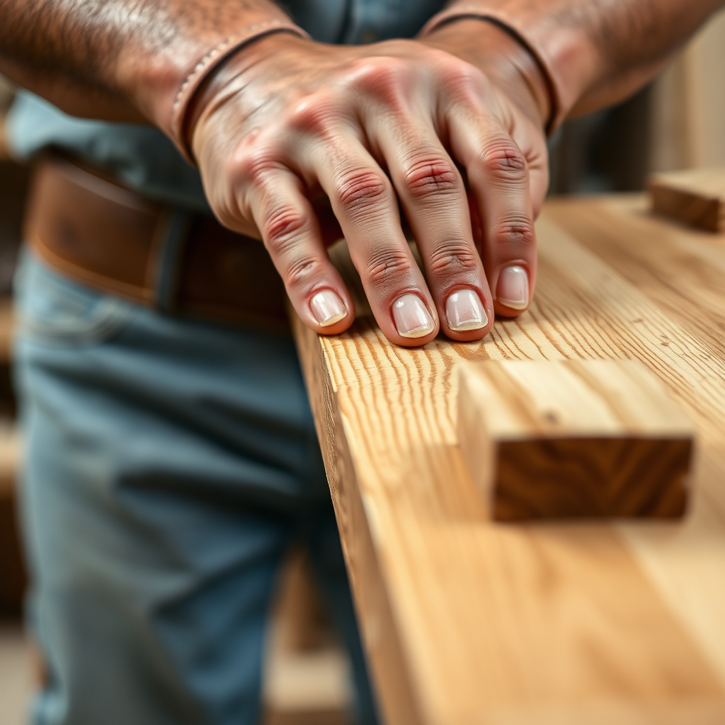 A close-up of a carpenter's hands working with high-quality wood, showcasing the craftsmanship and attention to detail. The lighting should be soft and even, highlighting the natural beauty of the wood and the carpenter's skill. The camera angle should be very close, capturing the textures and details of the wood and the carpenter's hands.