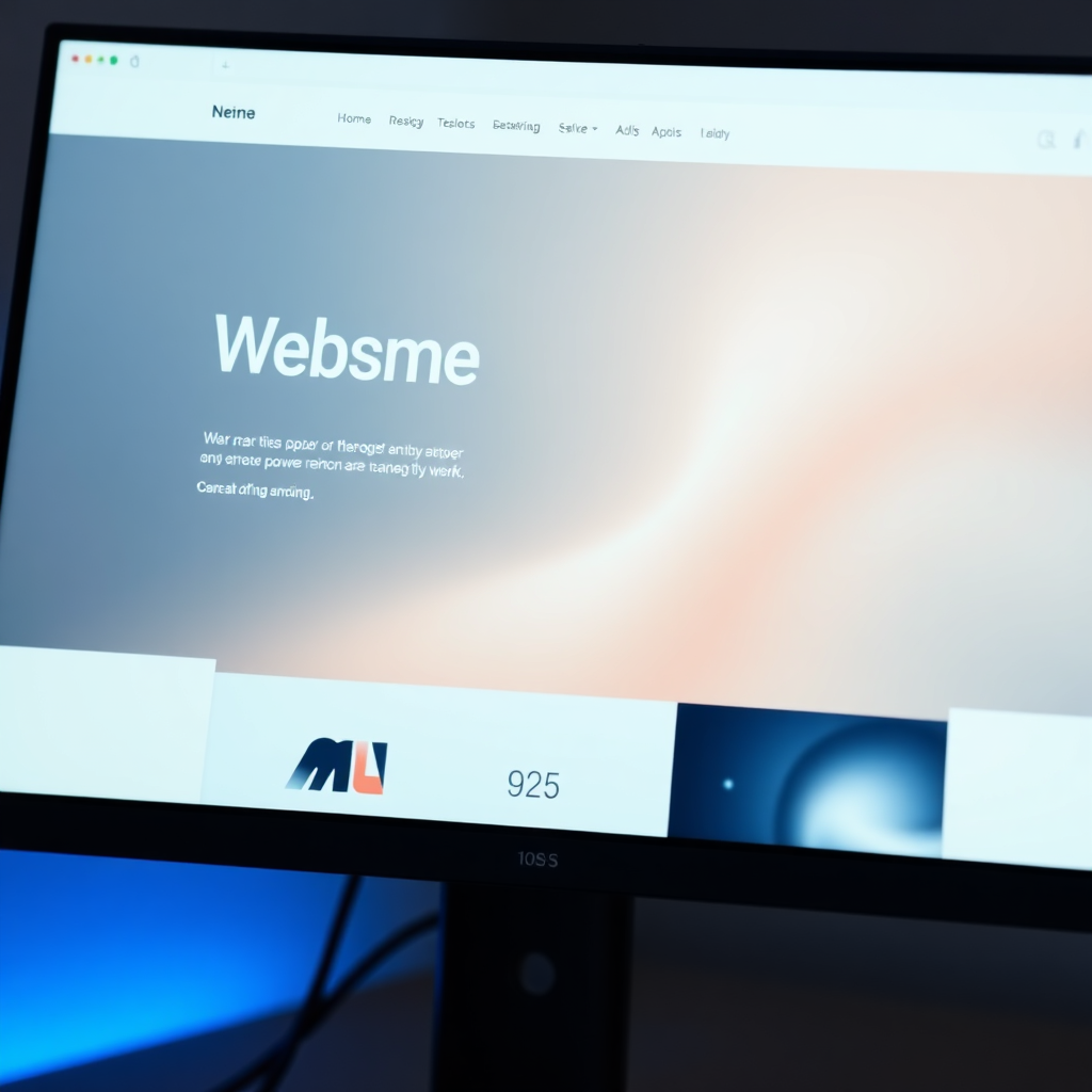 A close-up of a sleek, minimalist website design on a high-resolution monitor. The lighting is soft and focused, emphasizing the design elements. Style: Modern, clean design aesthetics. 4K resolution, high quality.