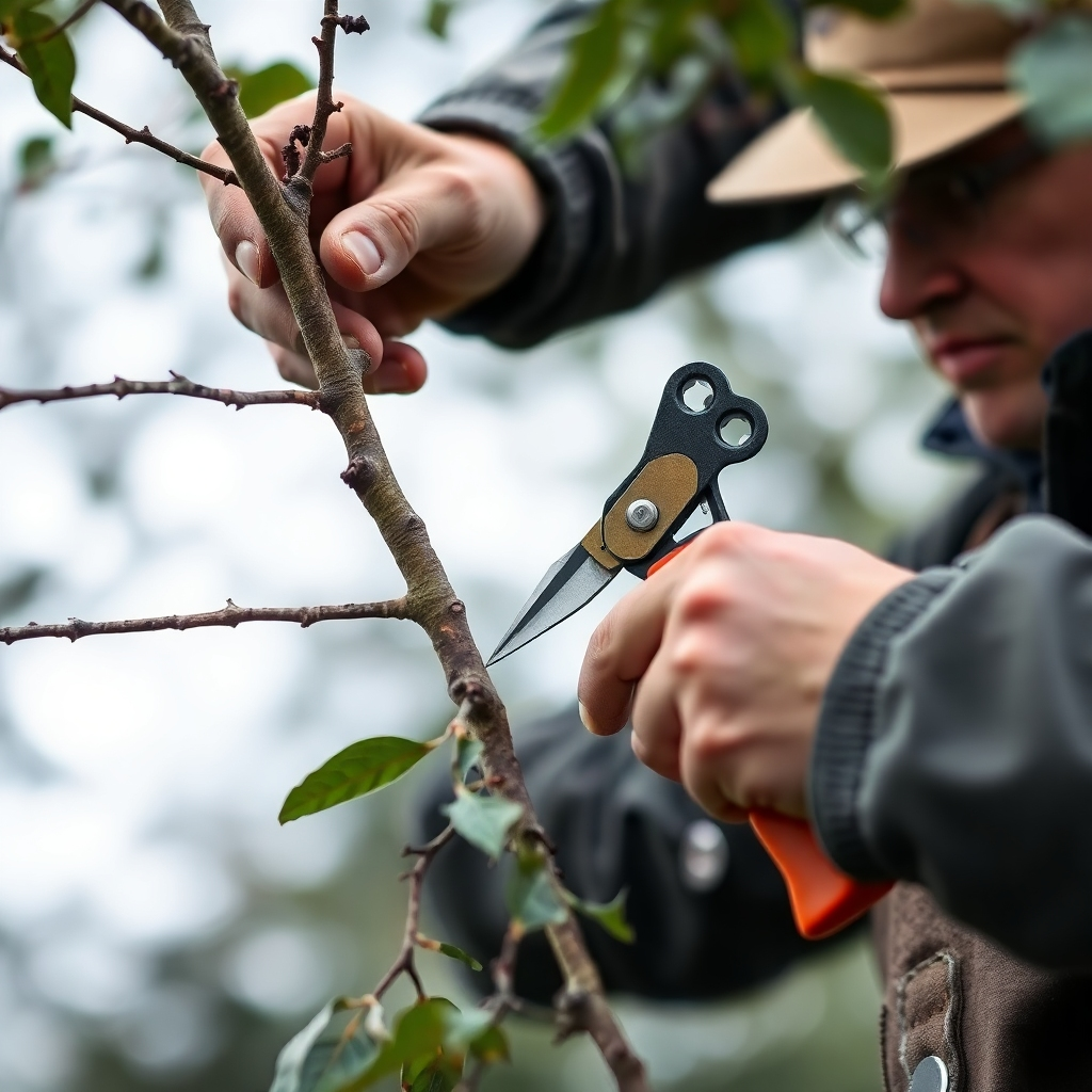 A close-up, photorealistic image of an arborist carefully pruning a tree branch with precision tools. The arborist is making a clean, precise cut. The background is blurred, focusing attention on the arborist's skill and the health of the tree. 4K resolution, high-quality.
