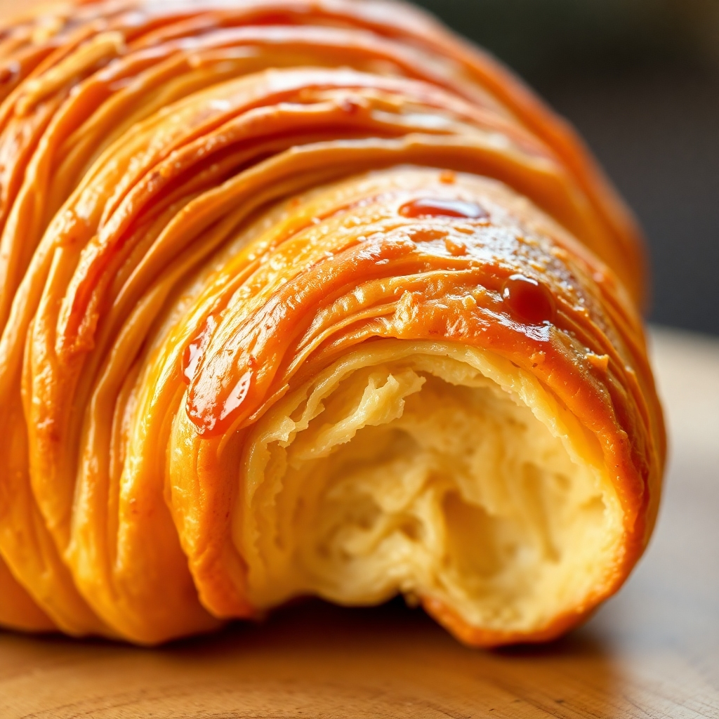 A close-up, photorealistic image of a perfectly baked croissant, showcasing its flaky layers and golden-brown crust. The angle should highlight the layers and texture. Use warm, focused lighting.