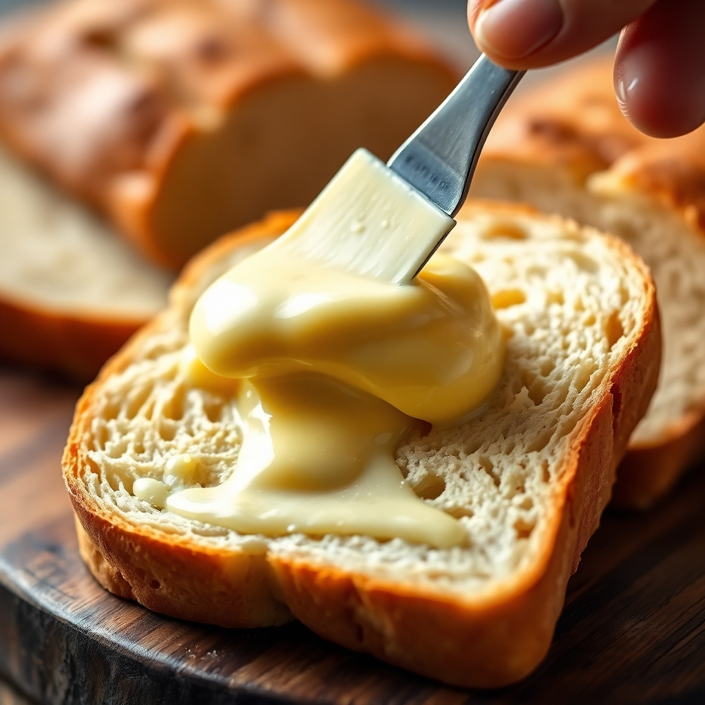 A close-up, photorealistic image of butter being spread on a slice of freshly baked bread. The butter should be perfectly melted, creating a glossy and tempting texture. The lighting should be warm and inviting, emphasizing the buttery goodness. The background should be blurred, focusing on the act of spreading butter on bread. Style reference: a classic food photography style with a focus on texture and light.